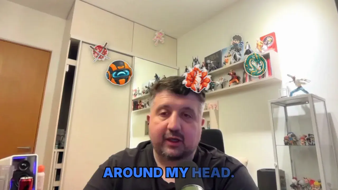 Anime emblems orbiting his head.